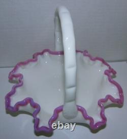 Fenton Basket Apple Blossom Pink Crest on White Milk Glass Bamboo Reed Handle