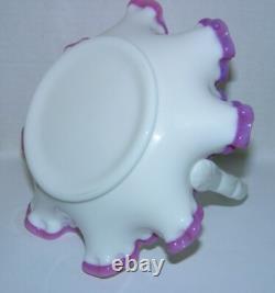 Fenton Basket Apple Blossom Pink Crest on White Milk Glass Bamboo Reed Handle