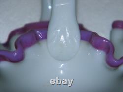 Fenton Basket Apple Blossom Pink Crest on White Milk Glass Bamboo Reed Handle
