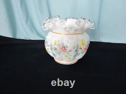 Fenton Bowl Ruffled Edge Milk Glass with Clear Lip Gold Trim Handblown Pontil