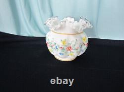 Fenton Bowl Ruffled Edge Milk Glass with Clear Lip Gold Trim Handblown Pontil