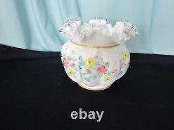 Fenton Bowl Ruffled Edge Milk Glass with Clear Lip Gold Trim Handblown Pontil