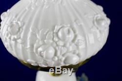 Fenton Cabbage Rose Milk Glass Student Lamp