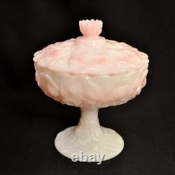 Fenton Candy Bowl withLid Pedestal Compote Rosalene Waterlily Pink Milk Glass 1976