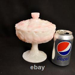 Fenton Candy Bowl withLid Pedestal Compote Rosalene Waterlily Pink Milk Glass 1976