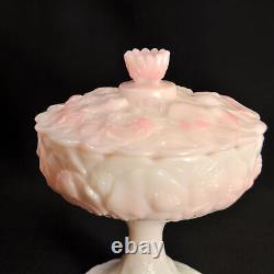 Fenton Candy Bowl withLid Pedestal Compote Rosalene Waterlily Pink Milk Glass 1976