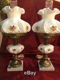 Fenton Cardinals In Winter Student Lamp Milk Glass Two Available Henry Curry