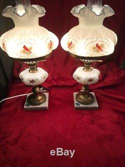 Fenton Cardinals In Winter Student Lamp Milk Glass Two Available Henry Curry