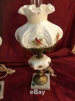 Fenton Cardinals In Winter Student Lamp Milk Glass Two Available Henry Curry