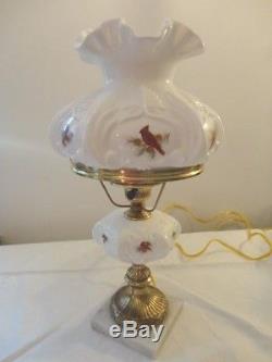 Fenton Cardinals in Winter Milk Glass Student Lamp signed Artist Henry Curry