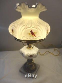 Fenton Cardinals in Winter Milk Glass Student Lamp signed Artist Henry Curry