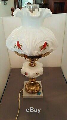 Fenton Cardinals in Winter Student Lamp White Milk Glass Hand Painted Signed
