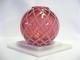 Fenton Cranberry Opalescent Diamond Optic Ivy Ball And Milk Glass Base