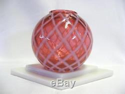 Fenton Cranberry Opalescent Diamond Optic Ivy Ball and Milk Glass Base
