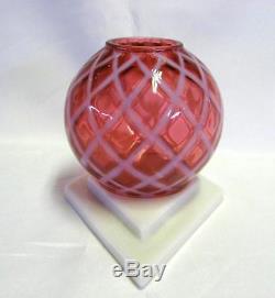 Fenton Cranberry Opalescent Diamond Optic Ivy Ball and Milk Glass Base