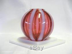 Fenton Cranberry Opalescent Rib Optic Ivy Ball and Milk Glass Base