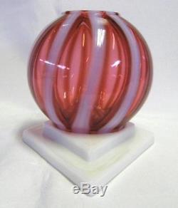 Fenton Cranberry Opalescent Rib Optic Ivy Ball and Milk Glass Base