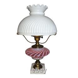 Fenton Cranberry Opalescent Swirl Table Lamp With Milk Glass Shade