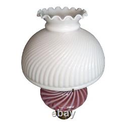 Fenton Cranberry Opalescent Swirl Table Lamp With Milk Glass Shade