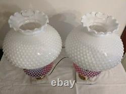 Fenton Cranberry and Milk Glass Hobnail Lamp