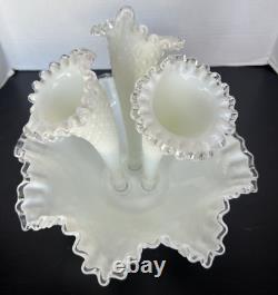 Fenton Epergne Milk Glass Silvercrest Diamond Lace 3 Horn Vintage 12.25