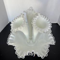 Fenton Epergne Milk Glass Silvercrest Diamond Lace 3 Horn Vintage 12.25