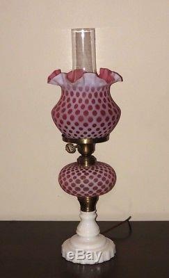 Fenton For L. G. Wright Cranberry Opalescent HoneyComb Lamp With Milk Glass Base