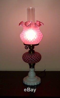 Fenton For L. G. Wright Cranberry Opalescent HoneyComb Lamp With Milk Glass Base