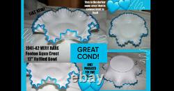 Fenton Glass, Aqua Crest Lg Ruffled Bowl, Milk Glass, 1941-42, Rare Darker Aqua