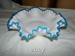 Fenton Glass, Aqua Crest Lg Ruffled Bowl, Milk Glass, 1941-42, Rare Darker Aqua