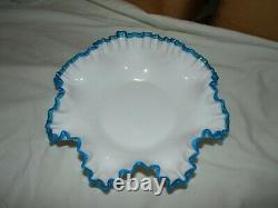 Fenton Glass, Aqua Crest Lg Ruffled Bowl, Milk Glass, 1941-42, Rare Darker Aqua