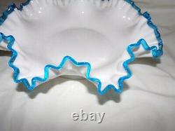 Fenton Glass, Aqua Crest Lg Ruffled Bowl, Milk Glass, 1941-42, Rare Darker Aqua