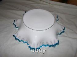Fenton Glass, Aqua Crest Lg Ruffled Bowl, Milk Glass, 1941-42, Rare Darker Aqua