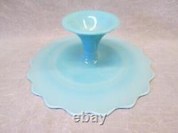 Fenton Glass CAKE PLATE PEDESTAL STAND Spanish Lace 13 round Turquoise Blue