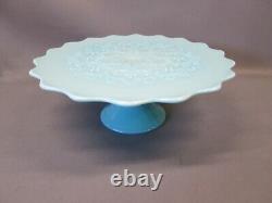 Fenton Glass CAKE PLATE PEDESTAL STAND Spanish Lace 13 round Turquoise Blue