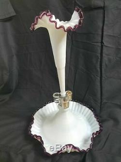 Fenton Glass Large Four 4 Horn Epergne Milk Glass With Amethyst Crest