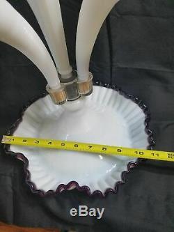 Fenton Glass Large Four 4 Horn Epergne Milk Glass With Amethyst Crest