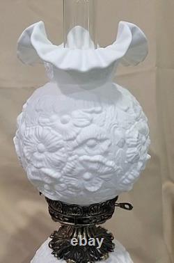 Fenton Gone With The Wind Lamp Poppy, White Milk Glass 3 Way Satin Glass 24