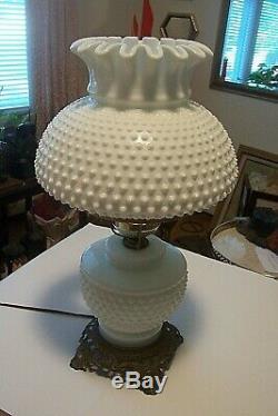 Fenton Gone With The Wind Milk Glass Hobnail Lamp withChimney 3 Way Light GWTW