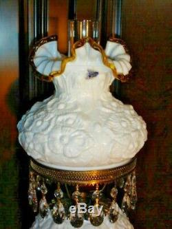 Fenton Gwtw Gold Crest Milk Glass Flower Student Poppy Lamp, Label