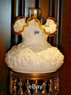 Fenton Gwtw Gold Crest Milk Glass Flower Student Poppy Lamp, Label