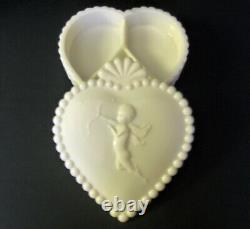 Fenton HEART with CUPID Covered CANDY DISH Milk Glass Raised Divided Valentine