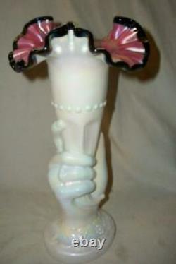 Fenton Hand Holding Vase Iridescent Milk Glass Pink Ruffle Black Crest Marked