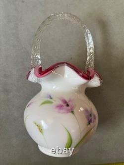 Fenton Hand Painted white milk glass Basket 100th anniversary 24/1500