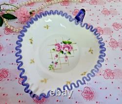Fenton Heart Dish Milkglass Charleton Floral Pink Gold Hyacinth Ruffle Crimp