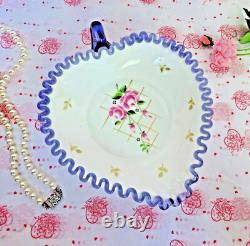 Fenton Heart Dish Milkglass Charleton Floral Pink Gold Hyacinth Ruffle Crimp