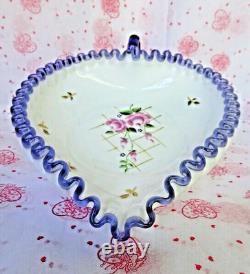 Fenton Heart Dish Milkglass Charleton Floral Pink Gold Hyacinth Ruffle Crimp