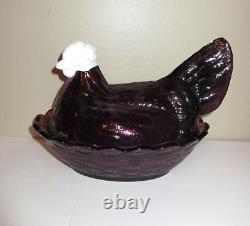 Fenton Hen on Nest 8.25 Purple with White Milk Glass Head Eggs Split Tail Large