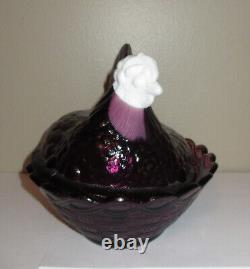 Fenton Hen on Nest 8.25 Purple with White Milk Glass Head Eggs Split Tail Large