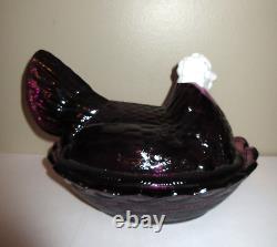 Fenton Hen on Nest 8.25 Purple with White Milk Glass Head Eggs Split Tail Large